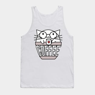 Cat in coffee cup with warped text holding coffee cup with heart wearing glasses Tank Top